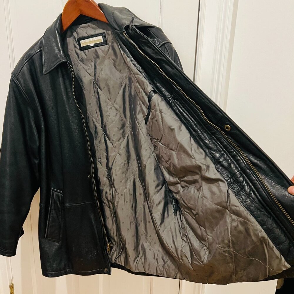 Vintage 90's Perry Ellis Mens Classic Heavyweight Leather Jacket Black Large - Picture 8 of 16